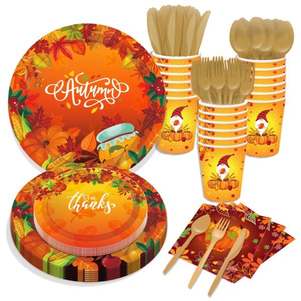 Autumn Thanksgiving Maple Leaf Disposable Paper Plates | 68Pcs Tableware Set | Dinnerware Serves 8 Guests